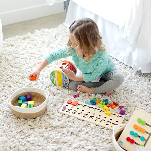 5-Piece Round Woven Cotton Rope Storage Baskets for Organizing, Small Shallow Nesting Set for Montessori Toys, Entryway Catchall, Fruit Bowl, Key Tray, Remote Holder, Nursery & Pet Toys - color: Off White & Jute