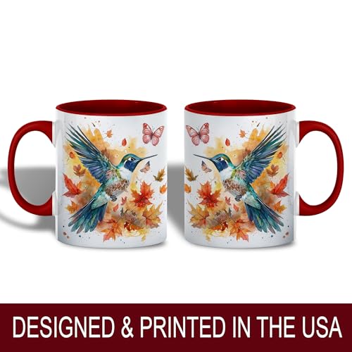 Hummingbird and Butterfly Watercolor Coffee Mug, Fall Bird Lover Mug, Autumn Leaves & Artistic Splash Design, Nature-Inspired Drinkware for Morning Coffee or Tea-Red Handle (Hummingbird) - color: Hummingbird