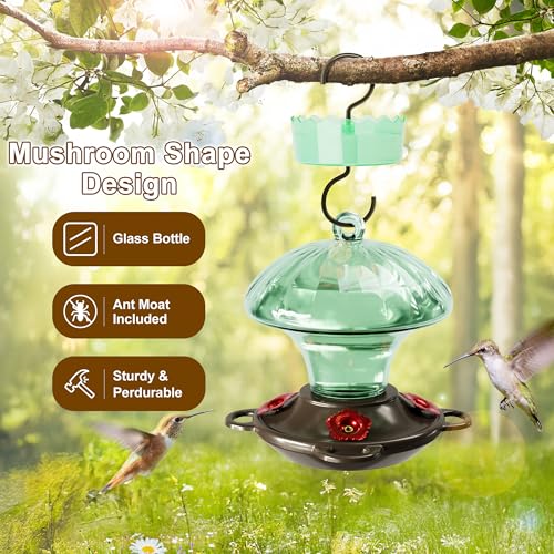 Auslar Glass Hummingbird Feeders for Outdoors Hanging, Green, 15 Oz | Hummingbird Feeder with Ant Moat & 4 Anti-Bee Feeding Ports, Ant and Bee Proof, Leakproof, Easy Clean and Fill, Garden Decor - color: Green