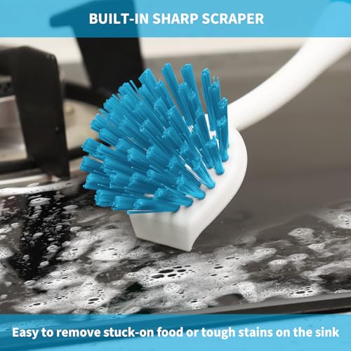Dish Brush with Handle, 2 Pack Scrub Brushes, Blue | Built-in Scraper, For Cleaning Kitchen, Pots, Pans and Sink, Scrubber Washing Tools - color: Blue