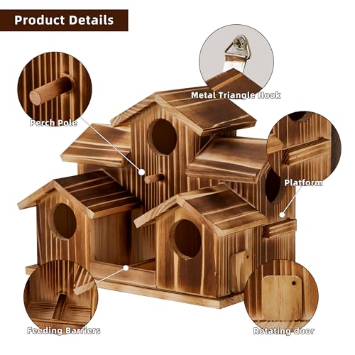 Bird House for Outside 5 Hole Bird Houses Room for 5 Bird Families Large Bird House for Garden/Courtyard/Backyard for Garden Decor-Finch Bluebird Cardinals Handmade Wooden Hummingbird House - style: Castles