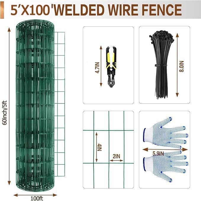 Tongmo 5 ft x 100 ft Green PVC Coated Chicken Welded Wire Fence, 16GA Garden Chicken Wire Fence Roll, Mesh Size 2" x 4" Hardware Cloth, Ideal for Yard Protection and Poultry Netting - color: Green, size: 5ft*100ft