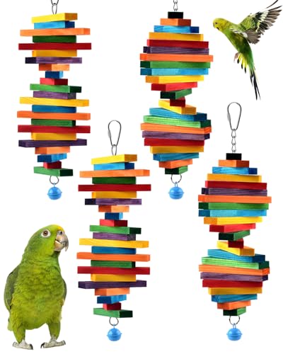Bissap 4 PCS Bird Chew Toys, Multicolored Bagel Cascade Bird Parrot Chewing Sticks Biting Wooden Blocks Toy for Small Medium Conure Parakeet Cockatiels Lovebird Similar Sized Pet Birds - size: 4 PCS