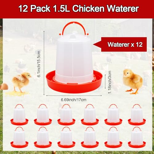 Funnymoom 12 Pack 1.5L Poultry Feeder Chick Waterer Kit Feeding and Drinker Bulk for Small Baby Chicken Duckling Goose Pigeons Quail Coop Accessories(Watering) - style: Watering