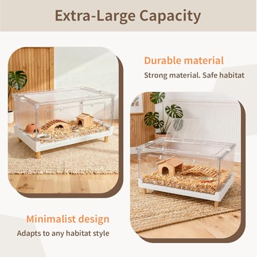 Hamster Cage 13.4" Low Profile Cozy Dwarf Hideout Castle | 470 Sq In roomy floor, frosted rear privacy panel, 2.5" base tray, bookshelf fit draft protection, 5-min foldable frame - size: 27.5"L x 16.9"W x 13.4"H