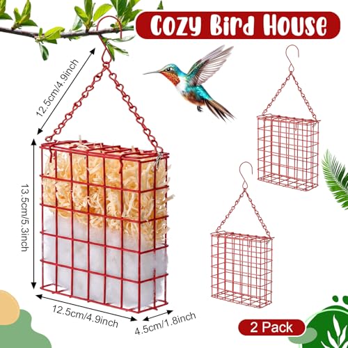 2 Set Hummingbird Nesting Material Hanging Cage Holder with Natural Cotton Raffia Gift for Bird Lover Hummingbird House Material for Wild Bird Outdoor Garden Home Resting Place (Red) - color: Red