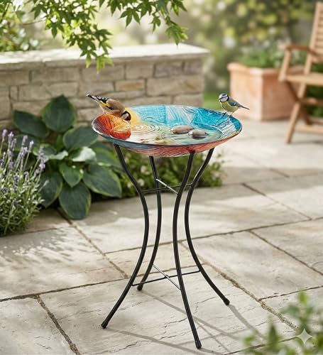 Regal Art & Gift Glass Bird Bath with Metal Stand, Outdoor Garden Decor | Swirl Multi, 18 in Bowl, 23 in Tall, Metal & Glass, Easy to Fill, Weather-Resistant Decor for Patio, Porch & Garden - color: Multi-Colored
