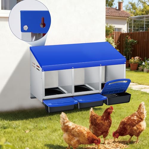 Chicken Nesting Box 3-Compartment Roll-Out with Pull-Out Trays, Egg Nesting Boxes for Hens, Chicken Coop Laying Box,Easy Wall Mounting with Metal Legs - color: Blue, size: 3 holes