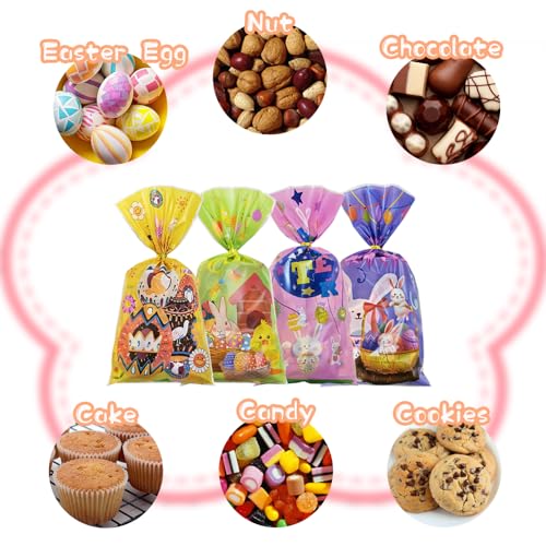 100 Pcs Easter Cellophane Treat Bags - 5 x 11 in Clear Candy Bags with 110 Gold Twist Ties for Kids - 2.8 Mil Thick Happy Easter Goodie Bags for Cookies, Snacks, Party Favors & Gift Packaging - color: Easter 100pcs