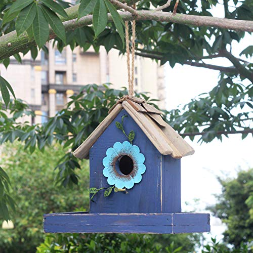 Bird Feeder House for Outside Hanging, Wooden Birdhouse Bluebird House Feeder Handcrafted Hut - color: 1-Blue