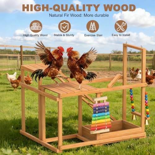 Wooden Chicken Activity Play for Poultry Run, Chicken Toy for 3-4 Birds | Chicken Coop Accessory with Multiple Perches, Swing, Ladder, Feeder, Xylophone Toy & Bell, Outdoor Birds Pet Entertainment