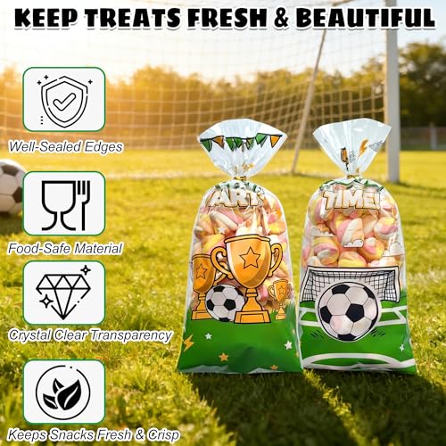 100PCS Soccer Cellophane Treat Bags - Clear Plastic Goodie Bags with 110 Gold Twist Ties - Soccer Party Favor Bags for Candy, Snacks, Game Day, Sports Events, Football Theme Parties & School Activities - color: Soccer-100pcs