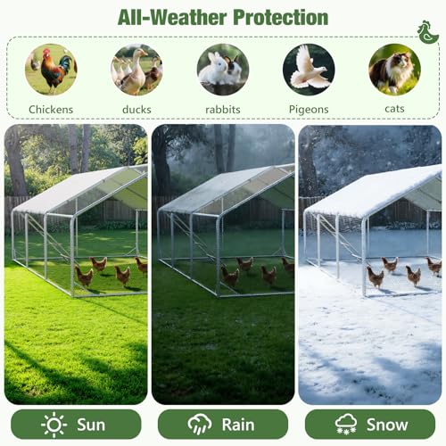 Sannwsg 10x20 FT Metal Chicken Coop with Run, Large Walk in Chicken Pen with Waterproof Cover, Secure Lock, Heavy Duty Poultry Cage with Feeding Door for Outdoor Farm Use - size: 118.0"L x 236.0"W x 79.0"H