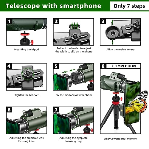 40X60 Monocular Telescope with Smartphone Holder& Tripod, High Power Nitrogen-Filled Monocular for Adults with BAK4 Prism & FMC Lens, HD Monocular Scope for Birdwatching Hiking Concert Travelling - color: Dark Green