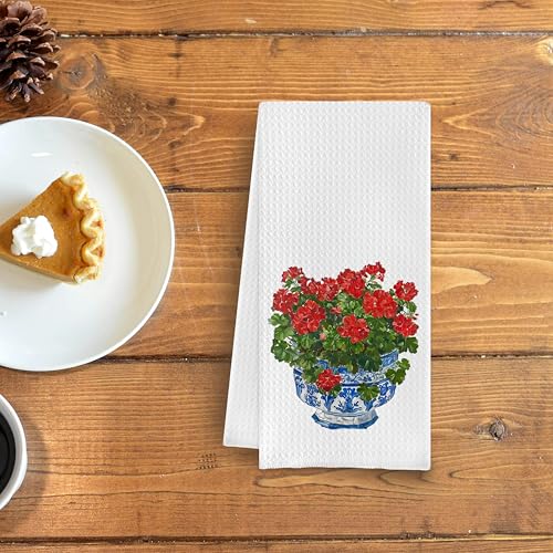 Chinoiserie Blue and White Geranium Porcelain Towels - Kitchen Dish & Bath Hand Towels (16x24 Inches, 8) - color: Blue White04
