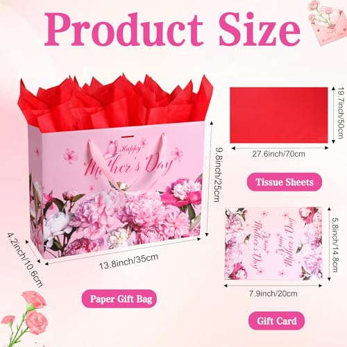 Mothers Day Gift Bag(13.8x9.8x4.2 Inch) with Tissue Paper Greeting Card Large Pink Flower Paper Bags Happy Mother's Day Celebration Gift Wrap Unique Floral Goodie bag Pouch Baggies Mom for Grandma - color: Mothers Gift Bag
