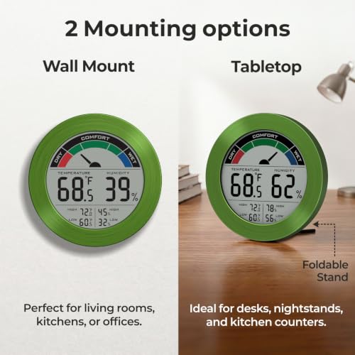 Digital Hygrometer Indoor Thermometer, Brushed Metal Frame, Green | Large round display, clear digits, accurate readings, comfort gauge, humidity meter, room temperature and humidity monitor - color: Green Stainless