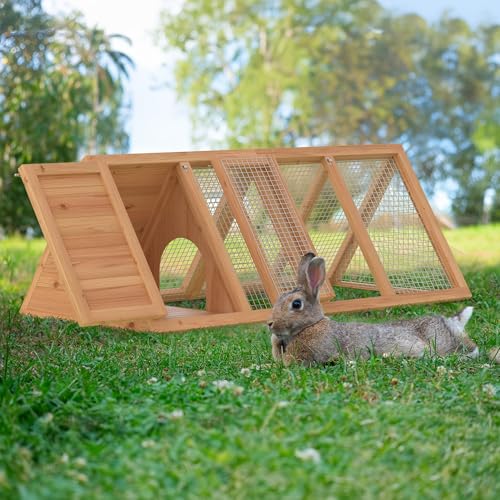 Rabbit Hutch, Small A-Frame Chicken Coop Outdoor w/ 2 Door & Run Cage(Wood) | Wooden Triangle Quail Hutch w/ Ventilating Wire Poultry Hutch for Small Animal Quail Cage Backyard - color: Wood