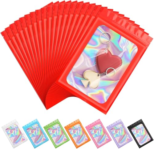ANZNKU 100PCS Holographic Red Mylar Bags, Resealable Smell Proof 2.7x3.9 | with Clear Window, Small Business Jewelry Candy Treat Sample Party Favor Packaging, Plastic Sealable Zip Goodie Gift Baggies - color: Red, size: 2.7 x 3.9 Inch