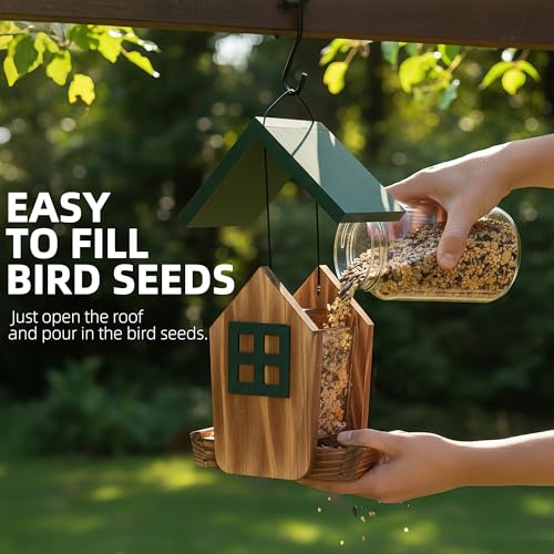 Wooden Hanging Hopper Bird Feeder for Outdoors with Weatherproof Roof Green | Bird House Feeder Attracts Various Wild Birds Cardinals, Bluebirds For Backyard, Yard And Patio Hanging Feeding - color: Green