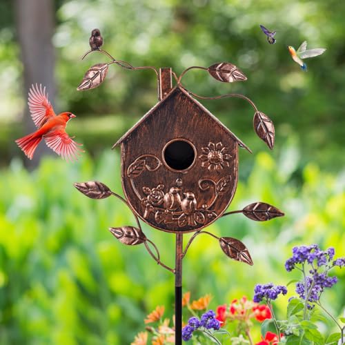 DREAMSOUL 48" Birdhouse with 1.6" Hole, Vintage Bird House Pole for Patio | Metal Bird Houses for Outside Yard Art, Weatherproof Finish, Outdoor Backyard Accent, Ornamental Aviary Style - style: Antique