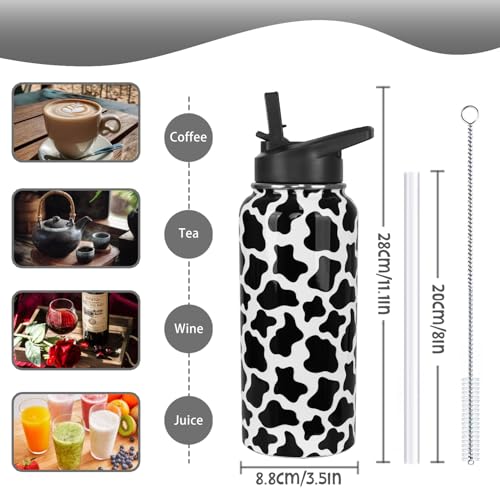 Cow Print Water Bottle with Straws Insulated Cowboy Travel Thermal Double Walled Vacuum Cup Leak Proof Stainless Steel Tumbler Cow Lovers Decor Gifts-32 oz - color: Black white