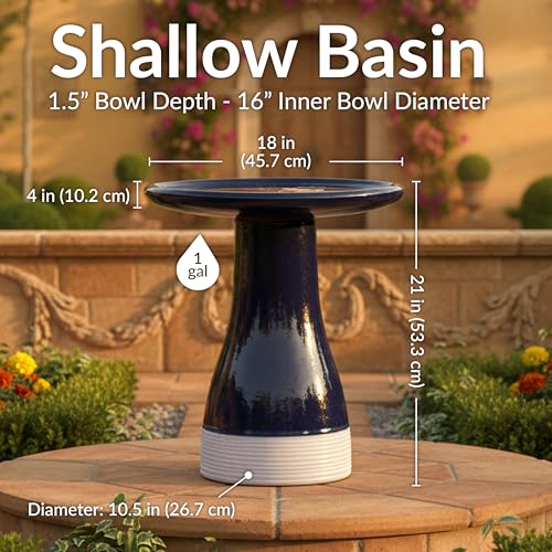 Sunnydaze Ceramic Bird Bath for Outside, Hand-Painted, 21” H, Midnight Blue | UV & Frost-Resistant, 1 Gal Water Capacity, 2-Piece Assembly, Colorful Outdoor Accent, Outdoor Bird Bath, Ceramic Birdbath - color: Midnight Blue