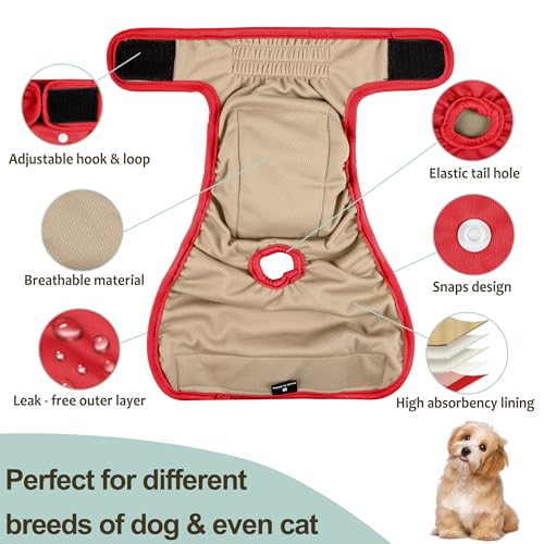 Female Dog Diapers - Reusable Diapers for Doggie in Heat - Highly Absorbent for Pet Incontinence with Adjustable Snaps (Pack of 3) Red, S