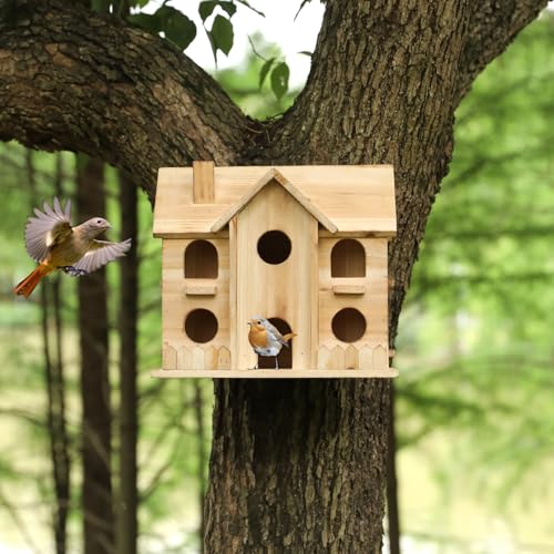 10-Hole Wooden Bird House for Outside, Hanging Birdhouse | Cedar wood backyard birdhouse for small wild birds, ready to hang with entry holes and 11 x 7 x 9 in size