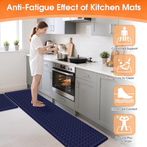 TranquilRelax Kitchen Mats, Cushioned Mats with Extra-Long Runner, Blue | Kitchen mats for floor, water-resistant anti fatigue mats for kitchen floor with non-slip backing; 17.3 x 30 and 17.3 x 71 in - color: Blue, size: 2-Piece | 30"+71" | Standard