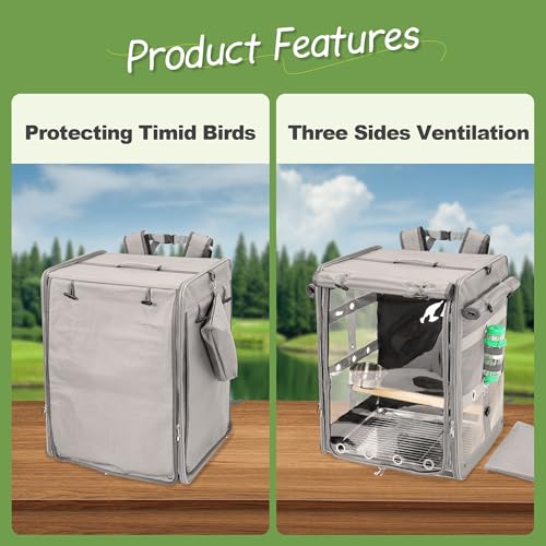 Bird Carrier Travel Cage, Cockatoo Carrier, Parrot Travel Backpack with Unbreakable Stainless Steel Mesh, Perch, Water Bottle and Food Bowl, X-Large Grey - color: Grey, size: 17.5"L x 14.8"W x 23.6"H