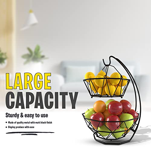 Fruit Basket with Banana Hanger and Fruit Bowl. Kitchen Counter Fruit Bowl with Banana Holder used as Bread, Vegetable or Produce Basket, Egg Holder, 2 Tier - size: 2-Tier