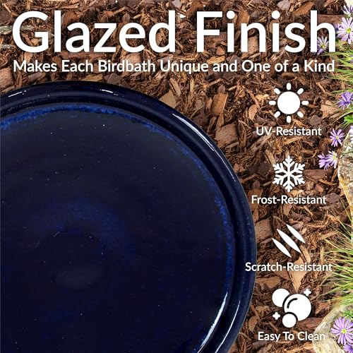 Sunnydaze Ceramic Bird Bath for Outside, Hand-Painted, 21” H, Midnight Blue | UV & Frost-Resistant, 1 Gal Water Capacity, 2-Piece Assembly, Colorful Outdoor Accent, Outdoor Bird Bath, Ceramic Birdbath - color: Midnight Blue