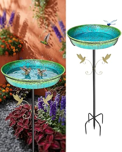 35" Metal Bird Bath for Outside Standing Metal Bird Bath Stake in Ground Iridescent Blue Green Birdbath with Scientifically Designed Color Lure for Birds 12" Detachable Bowl for Garden Patio Yard - color: Peacock Green Blue Gradient