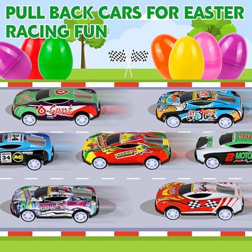 Seifar 24Pack Prefilled Easter Eggs with Pull Back Cars,Mini Race Car Prefilled Easter Basket Stuffers Gifts Party Favors for Classroom Prizes Goodie Bag Egg Hunt - style: racing