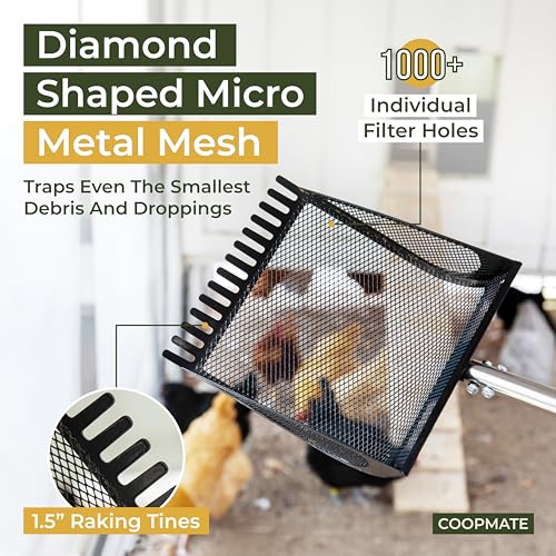 2-in-1 Chicken Coop Poop Scooper and Rake - Metal Sand Sifting Litter Scoop Shovel with Angled Basket and Micro-Sized Diamond Mesh to Catch the Smallest Farm Animal Droppings - Adjustable 12" to 53"