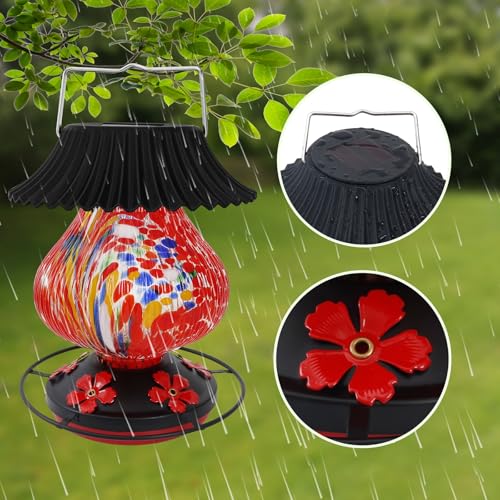 Solar Glass Hummingbird Feeder for Outdoors- 26 fl.oz Hummingbird Feeders | Best Solar Feeders with Ant Moat & Perch, 5 Feeding Ports, Wasp Leak Proof, Hand Blown Glass Color Changing Glowing in Dusk - color: Red