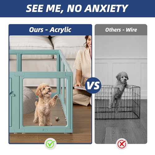 Clear Acrylic Dog Playpen Indoor, Puppy Cat Small Pet Play Pen, Pet Cat Playpen for Rabbits, Dog Fence Crate Kennel Whelping Cage (Green, 10 Panel) - color: Green, size: 24"H