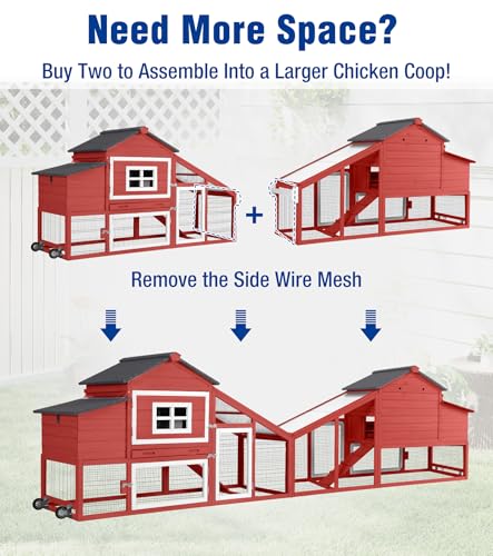 Chicken Coop with Run and Wheels Outdoor Poultry Hen House with Slide-Out Tray Chicken Cage Weatherproof Roof Predator-Proof for Backyard Red - color: 72.3"L Red & White