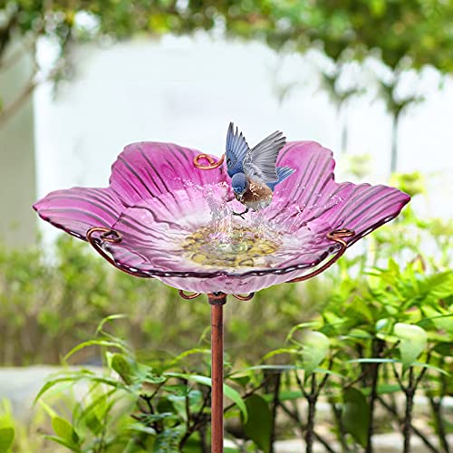 26" Glass Bird Bath, Outdoor Birdbath Bird Feeder Pink Flower Metal Stake | Bird Bath for Outside with Stable Metal Stake, Attracts Birds for Bathing and Adds Elegant Outdoor Garden Decor - color: Pink