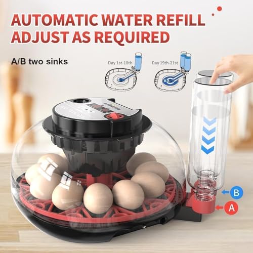 Nest II - 12 Egg Incubator for Beginners, Multi-Level Adaptive Humidity (Auto-Refill & Dual-Bottle) & Stable Temp Control, Auto Egg Turning, Real-Time Display, Candler for Hatching Poultry Eggs - size: 12 Egg [Black&Red]
