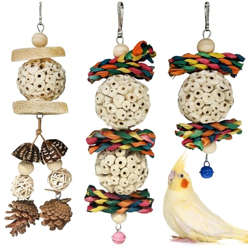 BNOSDM Hanging Bird Toy Sola Balls 3PCS Parrot Shredder Balls Natural Parakeet Foraging Toy Wood Bird Cage Chew Toys for Cockatiel, Budgie, Sun Conure, Quakers, Lovebirds (B) - color: Colourful