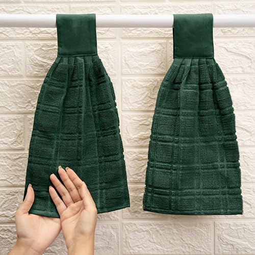 Blue Needles Hanging Kitchen Towels - Forest Green 100% Cotton Solid Kitchen Tie Towel, Set of 2 Hand Dish Cloth with Hanging Loops 9 x 17 Inches, Absorbent, Super Soft, and Fast Drying Home Essential - color: Forest Green