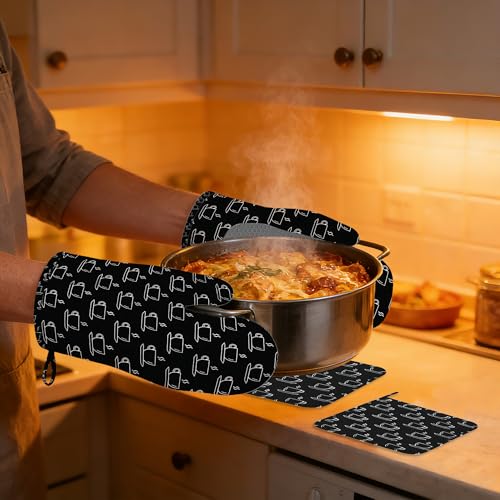 Tea Cups Oven Mitts and Pot Holders Sets,Extra Long Black Kitchen Mittens for Cooking,Thick Cotton Heat Resistant Silicone Cooking Utensils Set for Baking Cooking Grilling - color: Tea Cups