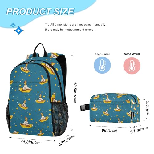 Yellow Submarine Backpack with Lunch Bag, School Travel Backpack for Teens Boys Girls Kids Backpacks Set - color: Yellow and Blue