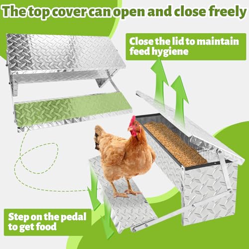 ‎Fsehyue Automatic Chicken Feeder Chook Food Feeder Capacity Treadle Self Opening Pou with Weatherproof Lid Rain Cover for Roosters Pheasant Chicken Outdoor Coop Silver Full Aluminum(11lbs/5000g)