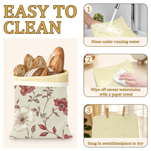 Red Floral Bread Bags for Homemade Bread, Vintage Garden 2 Pack Linen and Beeswax Sourdough Storage Bags, Reusable Keeper, Keeps Breads Fresh Longer, Gifts for Bakers - color: Red Floral