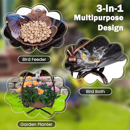 Giantex Bird Bath with Planter - Solar Lighted Bird Bath for Outside with Bird Feeder, Lotus Water Bowl for Bathing, Flower Planter with Drainage Holes, Standing Birdbath for Garden Yard (Bronze) - color: Bronze