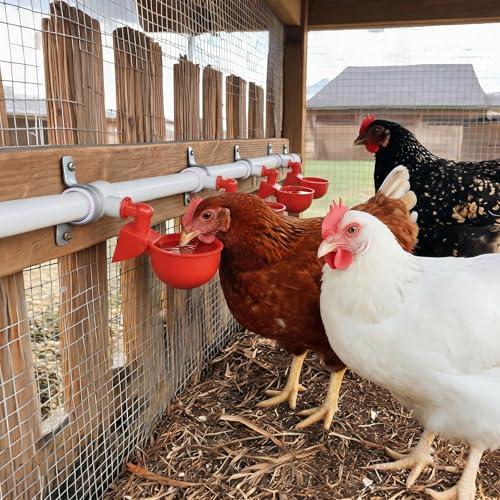 12 Pack Chicken Waterer Cups with Tee, Automatic Chicken Water Feeder Chicken Water Bowls Poultry Water Feeder Kit for Chicks, Duck, Goose, Turkey and Bunny（12 Tees + 12 Cups）