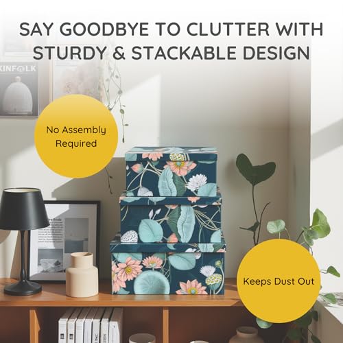 Soul & Lane - Enchanted Garden Decorative Storage Boxes with Lids, Set of 3 | Large Nesting Paperboard Storage Boxes for Keepsakes and Photos, Bold Dark Floral Containers for Home Decor - color: Enchanted Garden